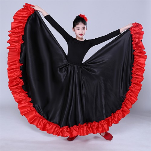 Red flamenco skirts for girls kids black red colored stage performnce competition ballroom spanish folk bull dance skirts